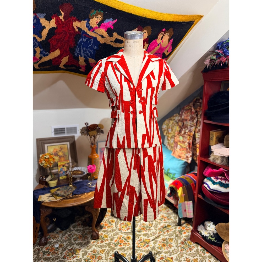 Vintage Red White Geometric Abstract Mod Skirt Suit Set Talon Zipper 60s - Picture 2 of 15
